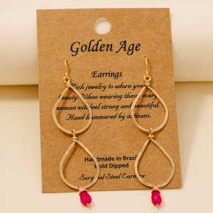 Hot Pink Gem Charm Double Teardrop Dangle Earrings